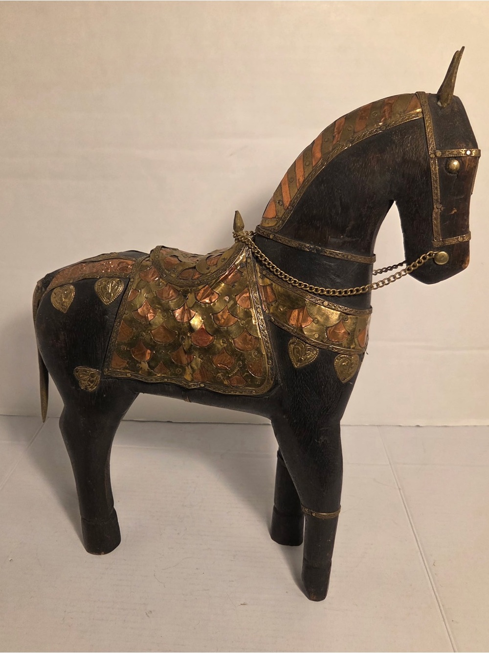 Vintage Wood Handcarved Horse Hammered Brass Copper  GORGEOUS India